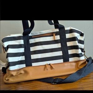 DSW Striped Canvas Weekend Duffel Bag - Black & White with Tan Trim